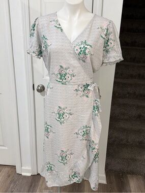 LOFT Light Gray Wrap Midi Dress with Green and Pink Floral Print Size 16